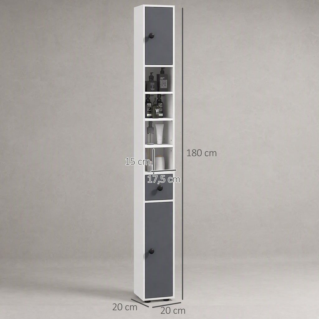 Colonne de rangement armoire haute pour salle de bain 1 tiroir 4 étagères réglables et 2 placards 20 x 20 x 180 cm gris-2
