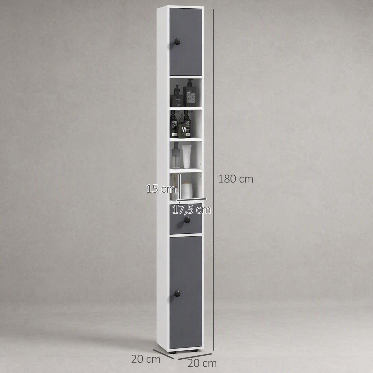 Colonne de rangement armoire haute pour salle de bain 1 tiroir 4 étagères réglables et 2 placards 20 x 20 x 180 cm gris-2