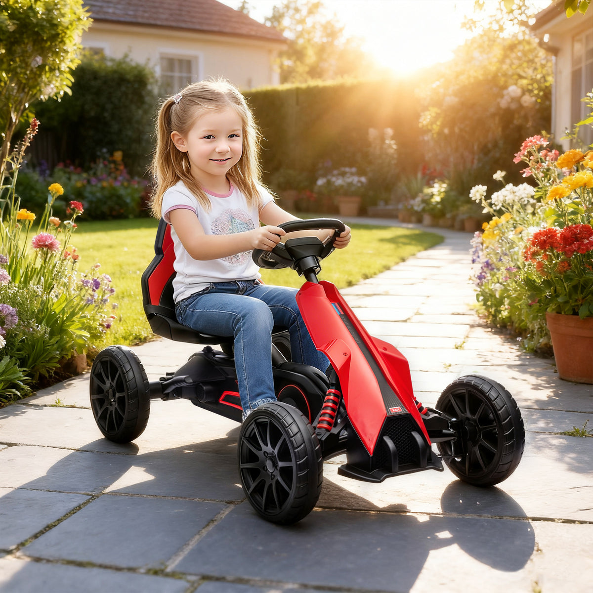 Kart à pédales pour enfants avec siège ajustable 4 positions et roues en EVA 100 x 58 x 58,5 cm rouge et noir-1