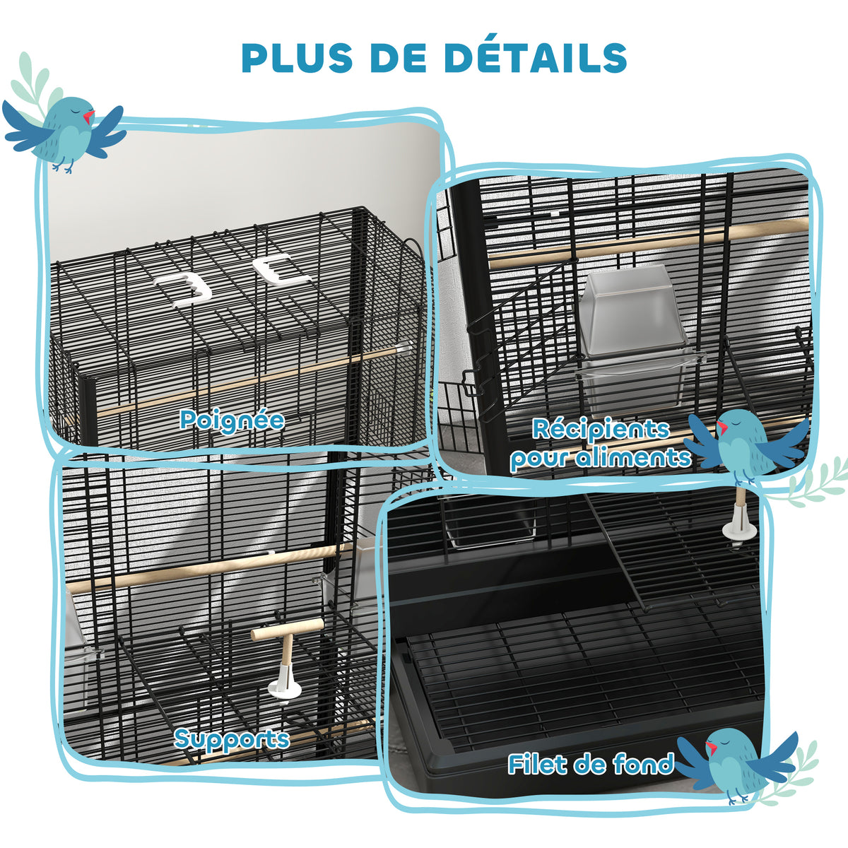 Cage à oiseaux volière avec portes perchoirs cage pour canaris perruches perroquets 61 x 36,5 x 98 cm noir-6