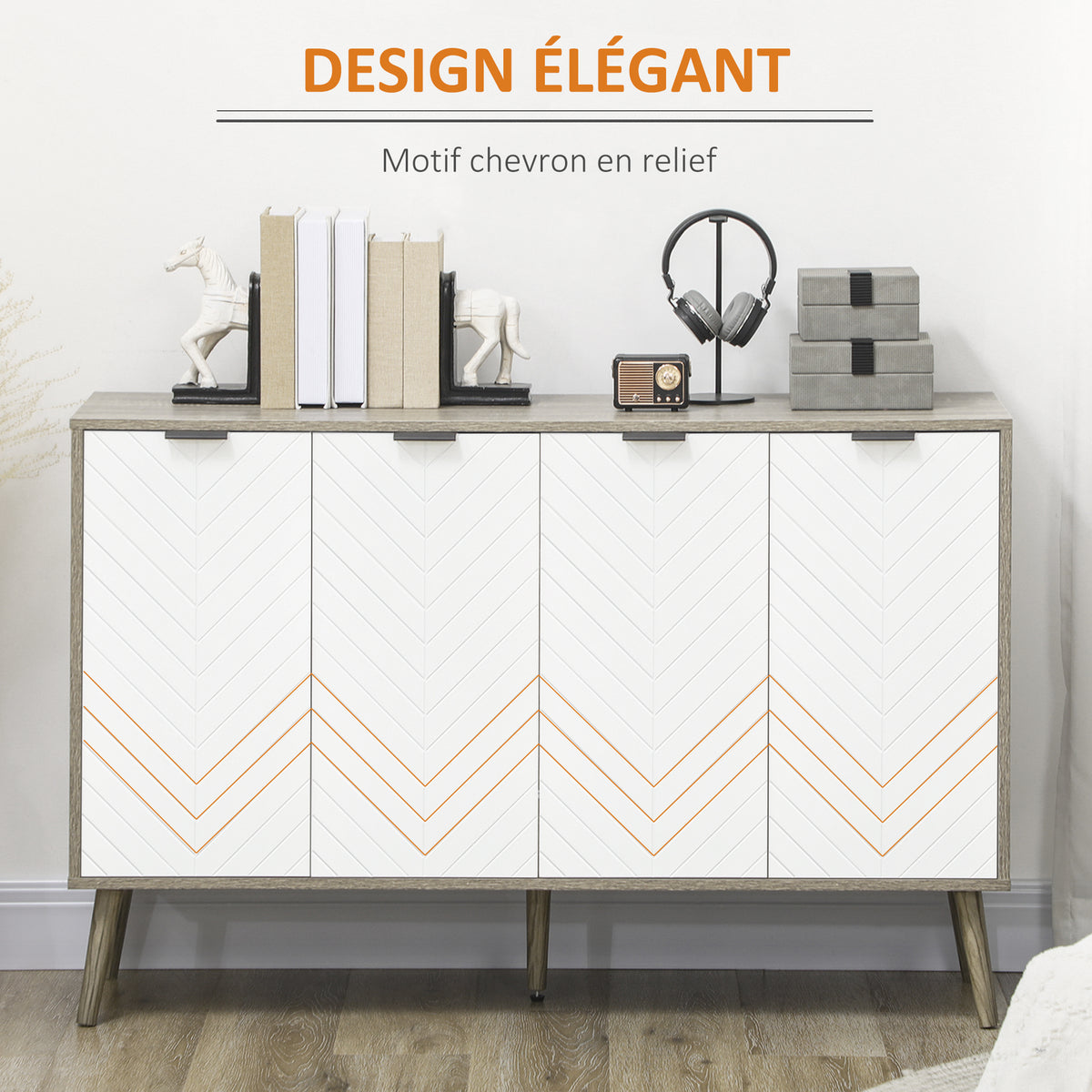 Buffet bas meuble de rangement 2 placards 4 portes motif chevrons étagères réglables 120 x 35 x 77,4 cm blanc et gris-4