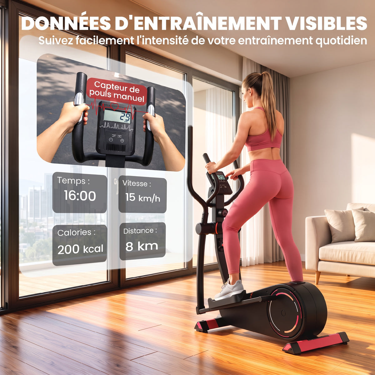 Vélo elliptique d’appartement, résistance réglable à 16 niveaux, Bluetooth, compatible appli-5