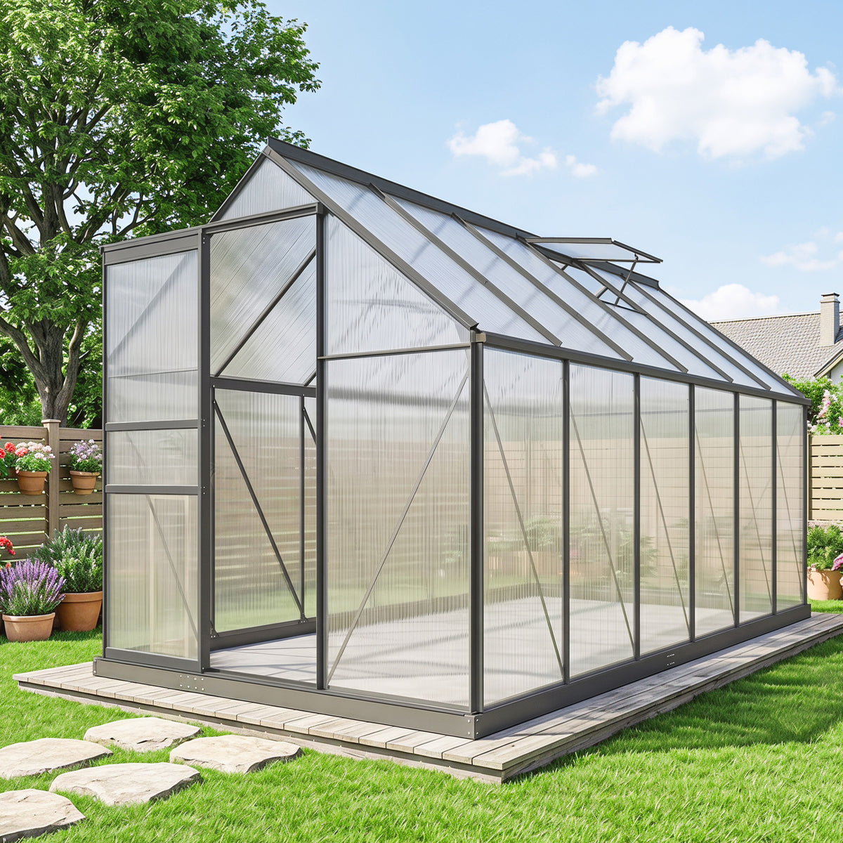 Serre de jardin en aluminium polycarbonate avec fondation, serre avec fenêtre réglable porte coulissante 190x375x199cm-1