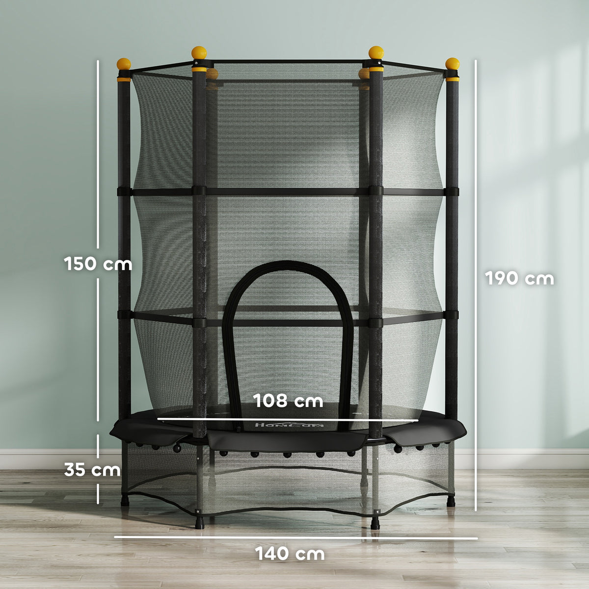 Trampoline Enfant Ø 1,40 × 1,90H m Filet de sécurité Porte zipée Couvre-Ressorts 6 poteaux rembourrés Inclus Noir-2