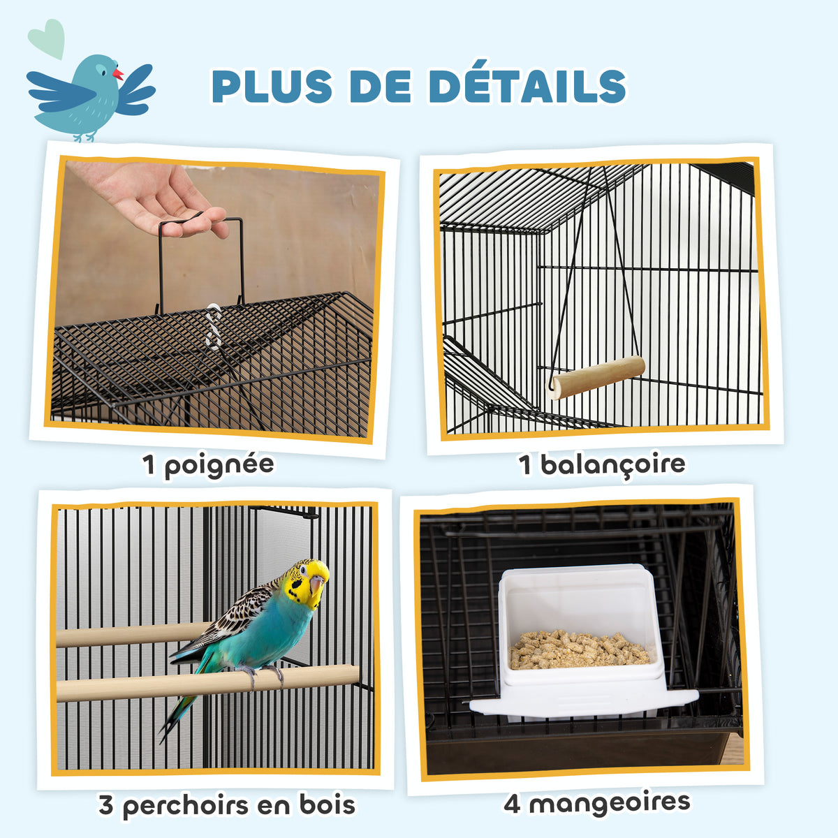 Cage à oiseaux sur pied, volière sur roulettes avec balançoire, support, design maison, 50,5 x 41 x 163 cm en acier noir-3