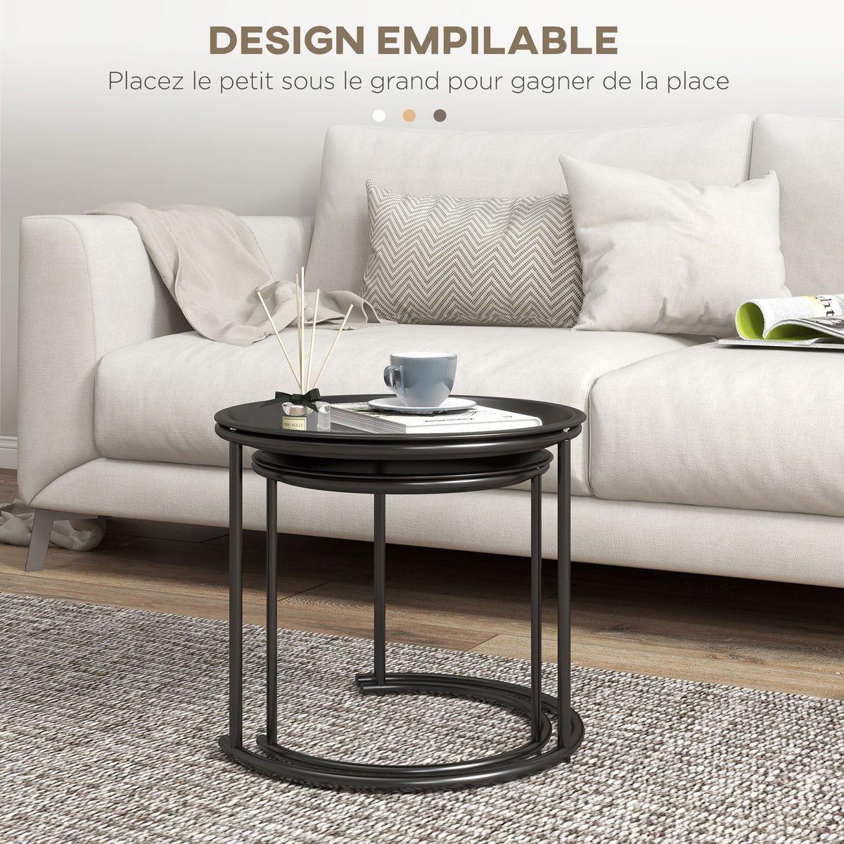 Lot de 2 tables basses rondes gigognes plateaux amovibles style industriel en acier Ø 43 et Ø 35 cm noir-3
