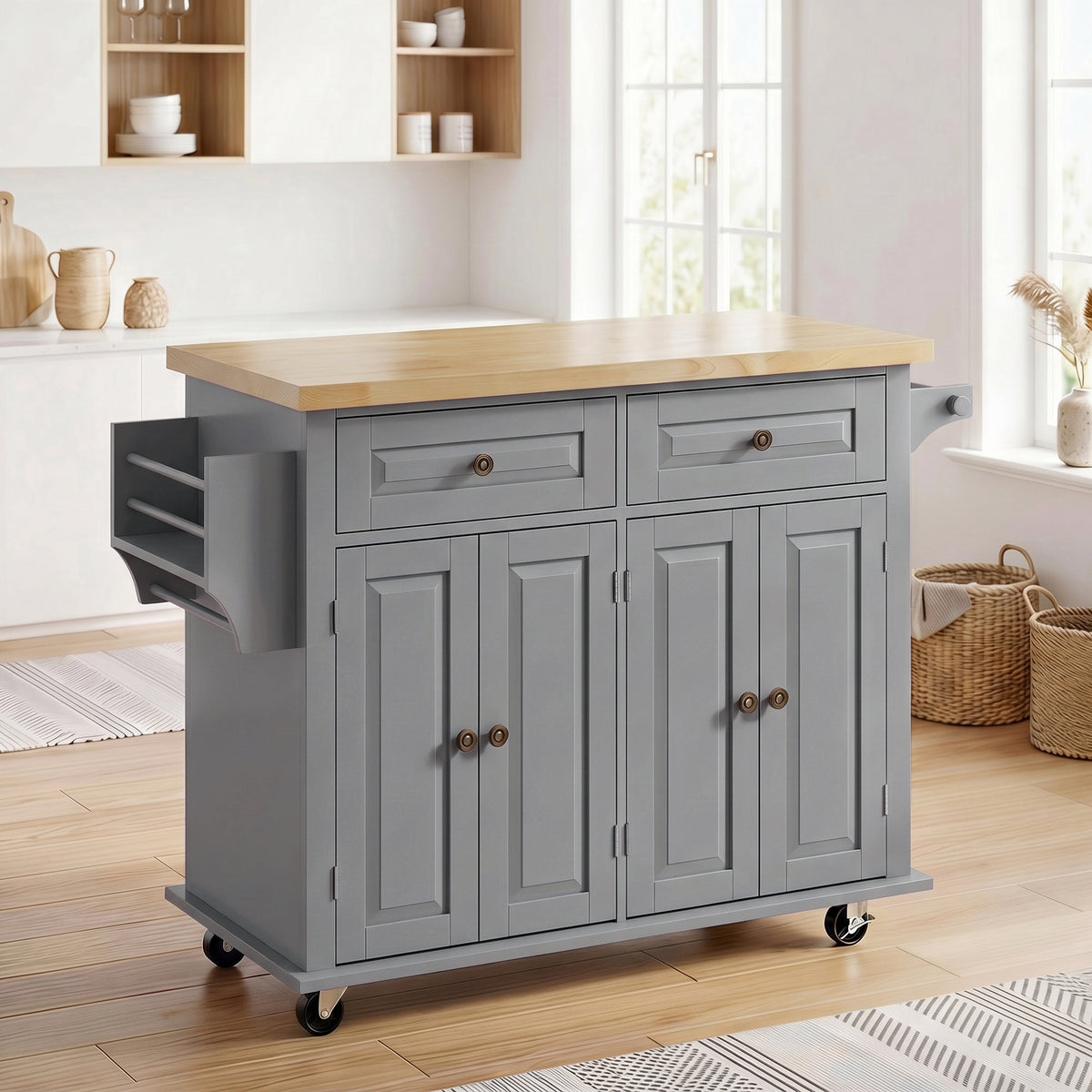 Îlot Central Cuisine avec Plateau en Hévéa, Desserte de Cuisine sur Roulettes avec 2 Tiroirs, 111 x 44,5 x 82,5 cm, Gris-1