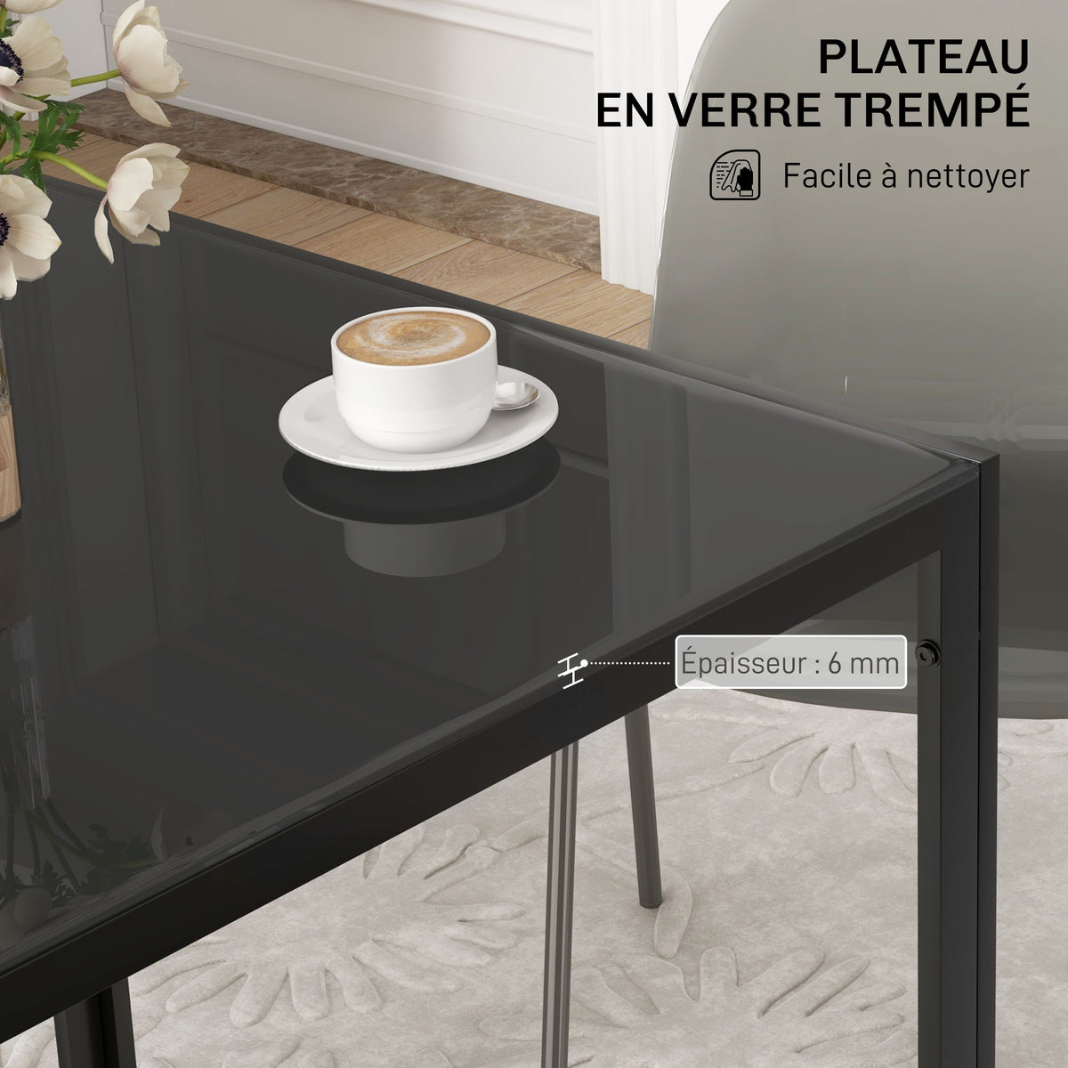Table à manger pour 4 personnes, table de cuisine avec plateau en verre trempé et pieds en acier, 75 x 75 x 75 cm, noir-3