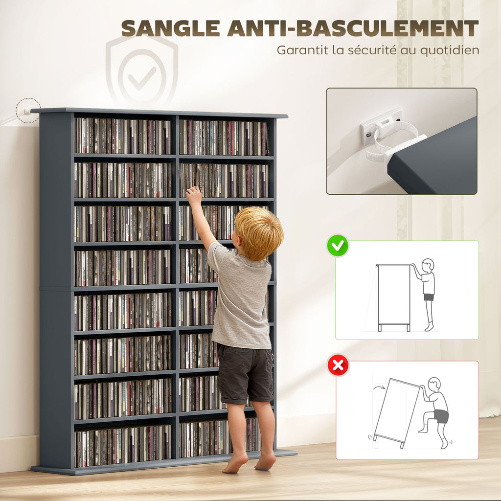 Rangements pour CD et DVD avec 16 compartiments et 12 étagères réglables capacité max. 720 CD/396 DVD et Blu-ray gris-5