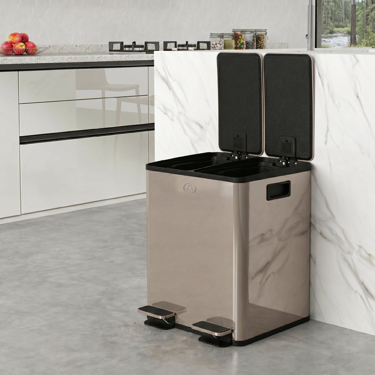 Poubelle de cuisine 2 compartiments de 2 x 20L, acier inoxydable, couvercle à fermeture douce, 45,8x36x51,6cm, or-8