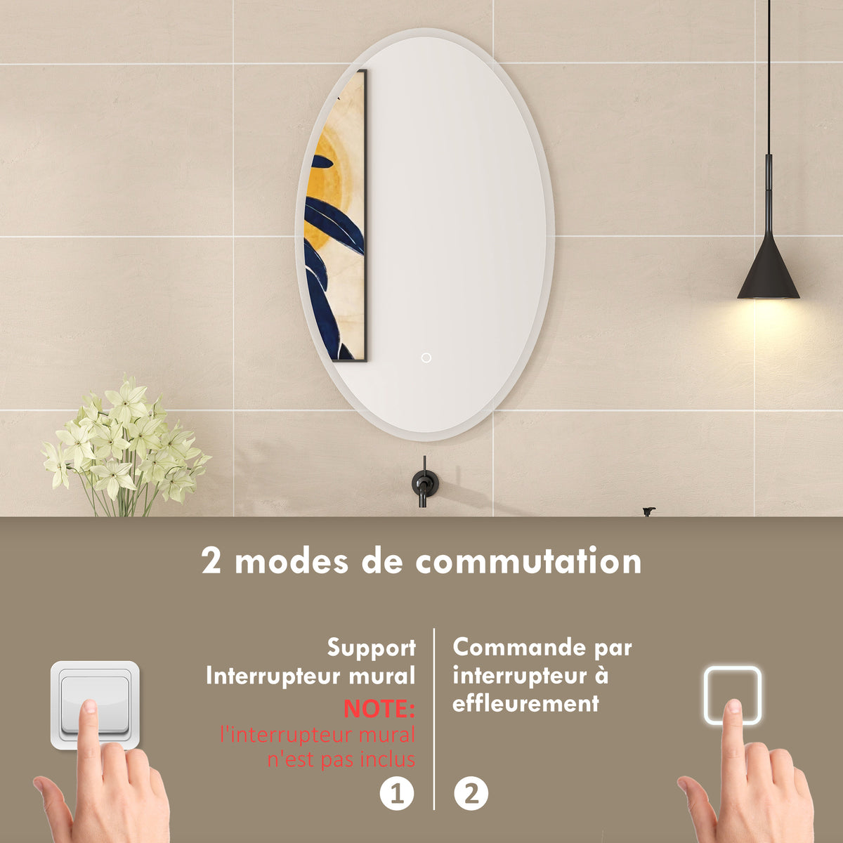 Miroir salle de bain avec éclairage 80 x 50 cm, miroir LED ovale, anti-buée, 3 couleurs lumière, dimmable, transparent-7