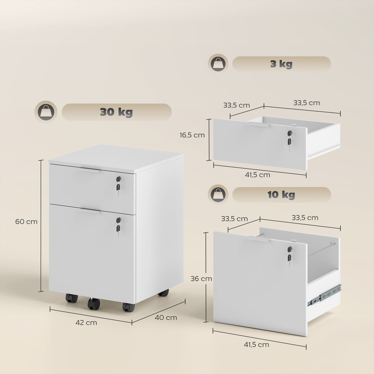 Caisson de bureau, meuble de rangement 2 tiroirs 2 barres pour dossier suspendu, verrouillable avec 2 clés 42x40x60 cm-2