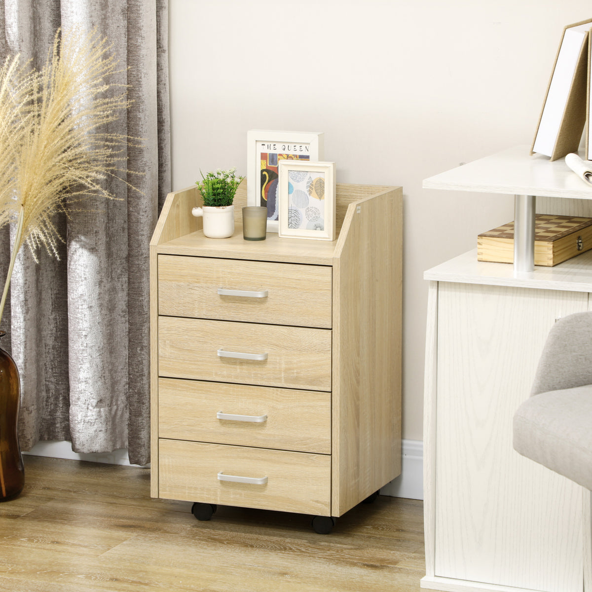 Caisson bureau rangement sur roulettes 4 tiroirs coulissants MDF et panneaux particules 40x36x65cm bois naturel-8