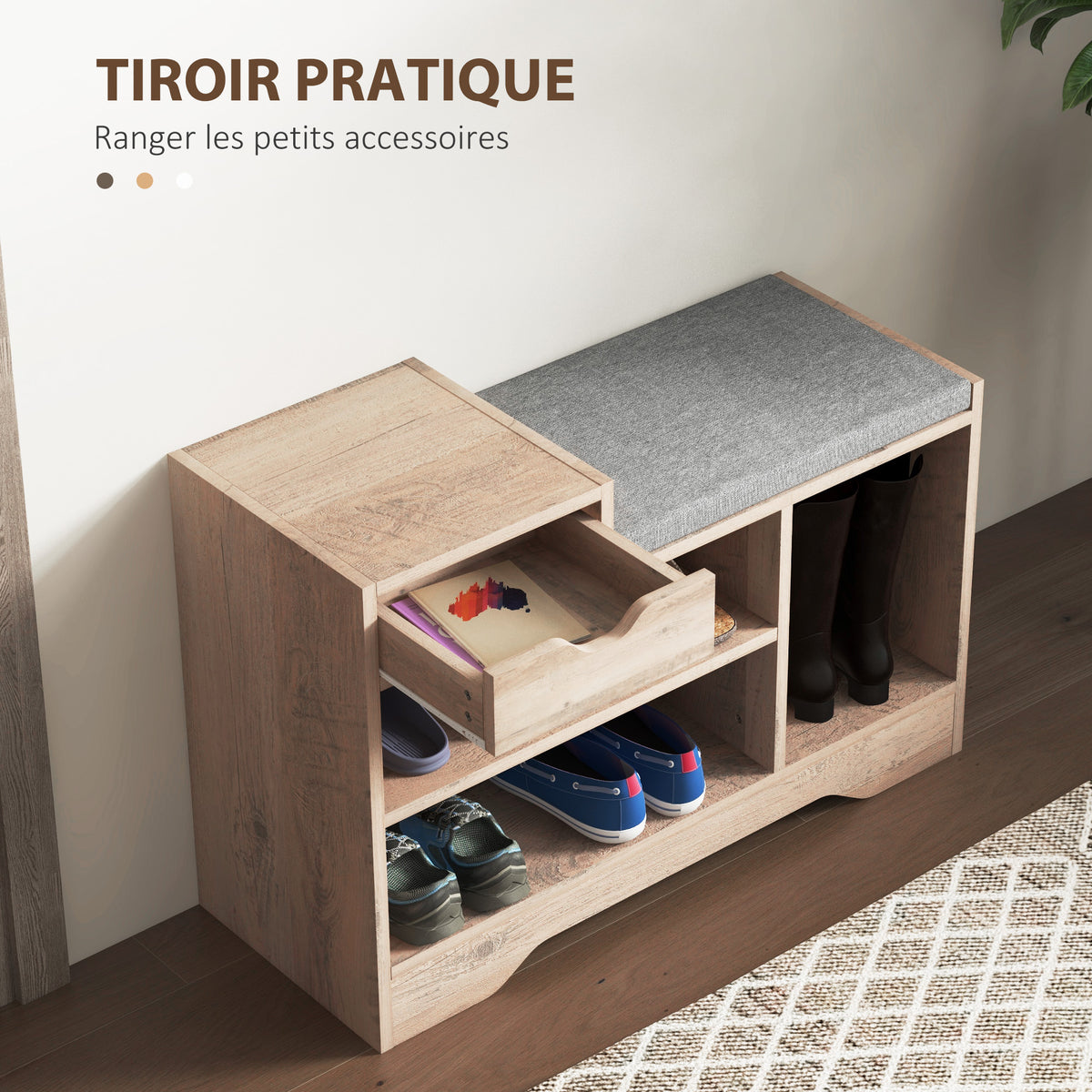Banc à chaussures 1 tiroir et 3 compartiments, avec coussin rembourrée capacité 5 paires, 76,5 x 30 x 52 cm gris-4