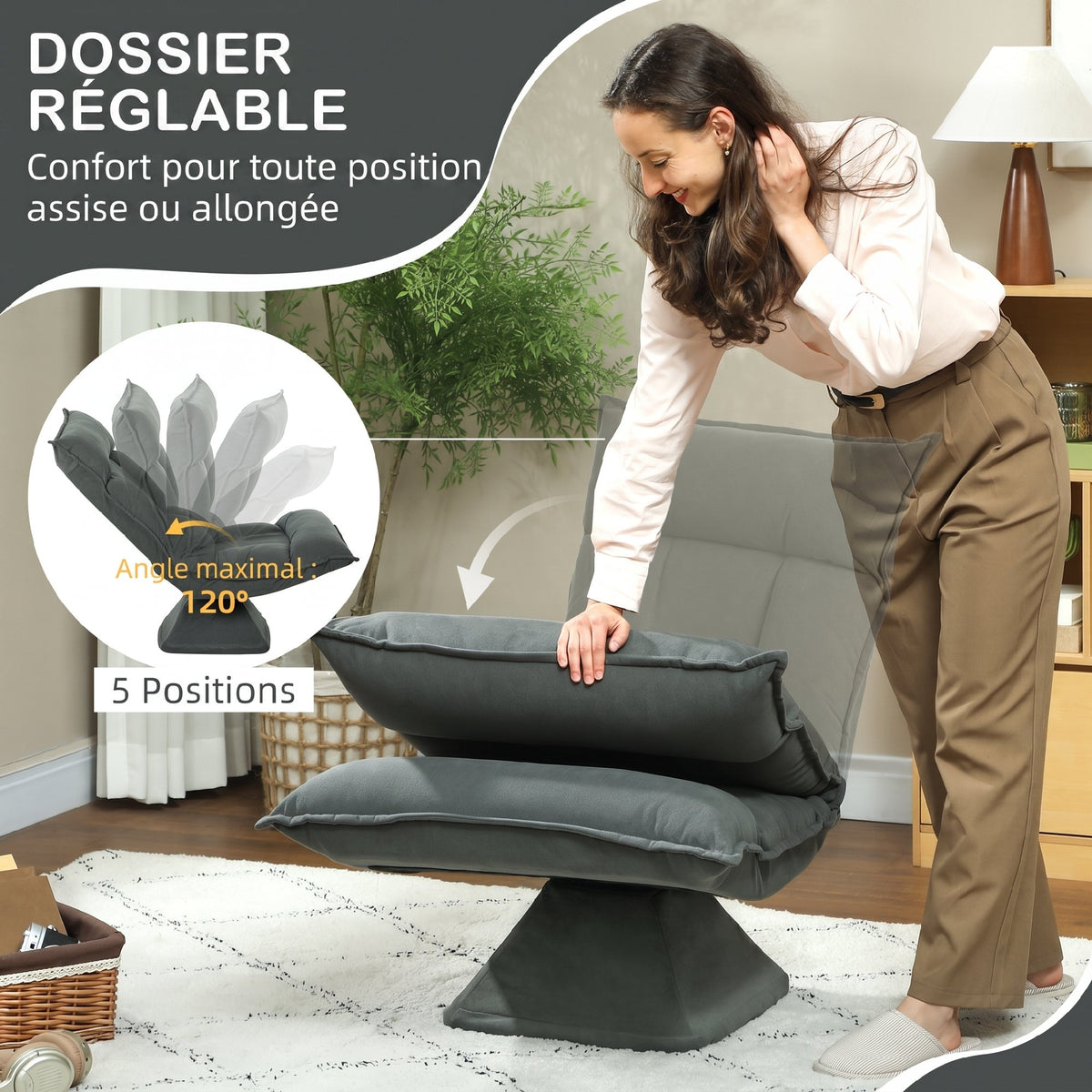 Chaise de sol pivotante à 360°, fauteuil pliable en velours avec dossier réglable 5 positions, 70x62x95cm, gris foncé-4