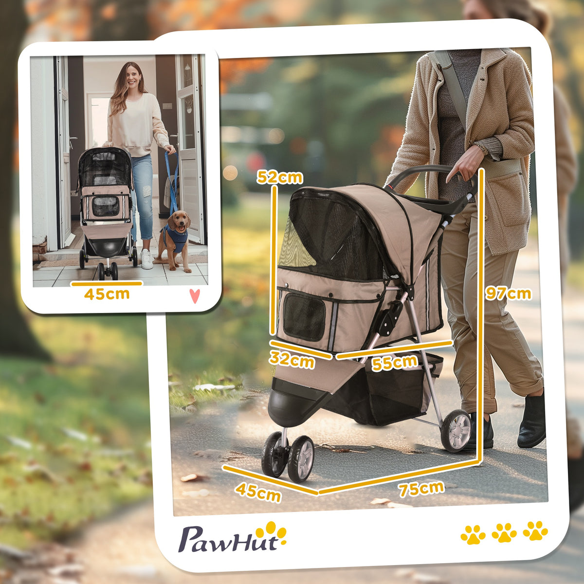 Poussette Buggy Pliable Animaux, Chariot Pliant Chien Chat, Porte-Gobelet Panier de Rangement Inclus, Roues avec Frein, Tissu 600D Oxford Acier, 75 x 45 x 97 cm Marron-2