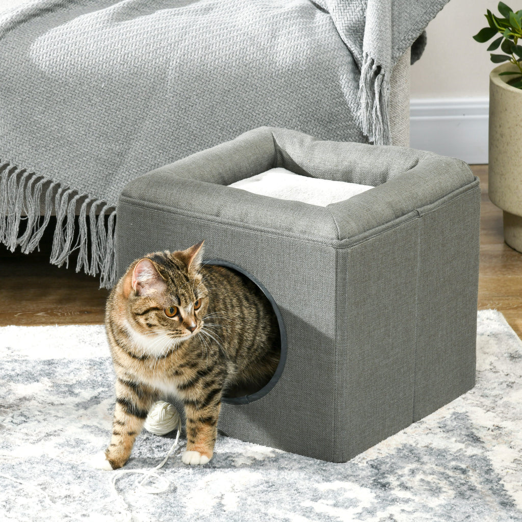 Maison niche pour chat 2 niveaux avec coussin moelleux en peluche - 36,5 x 36,5 x 33 cm gris-1