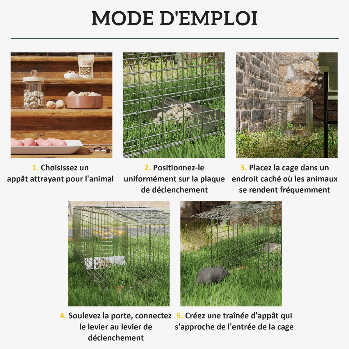 Piège cage de capture pliante pour petits animaux type rats et souris - 2 portes poignée 81 x 26 x 34,5 cm acier gris-4