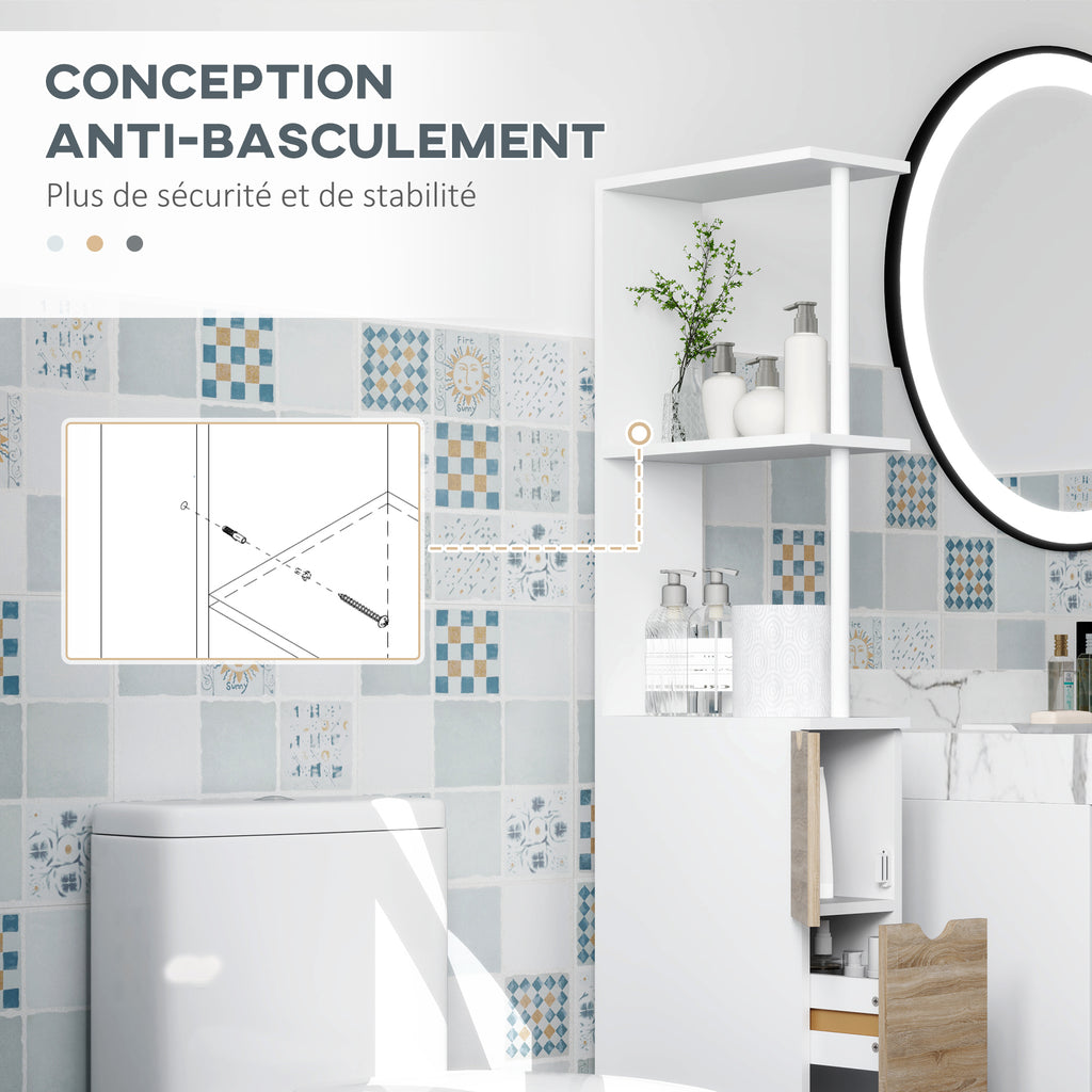 Meuble colonne salle de bain armoire de salle de bain avec tiroirs étagères ouvertes placard 15 x 33 x 136,8 cm blanc-5