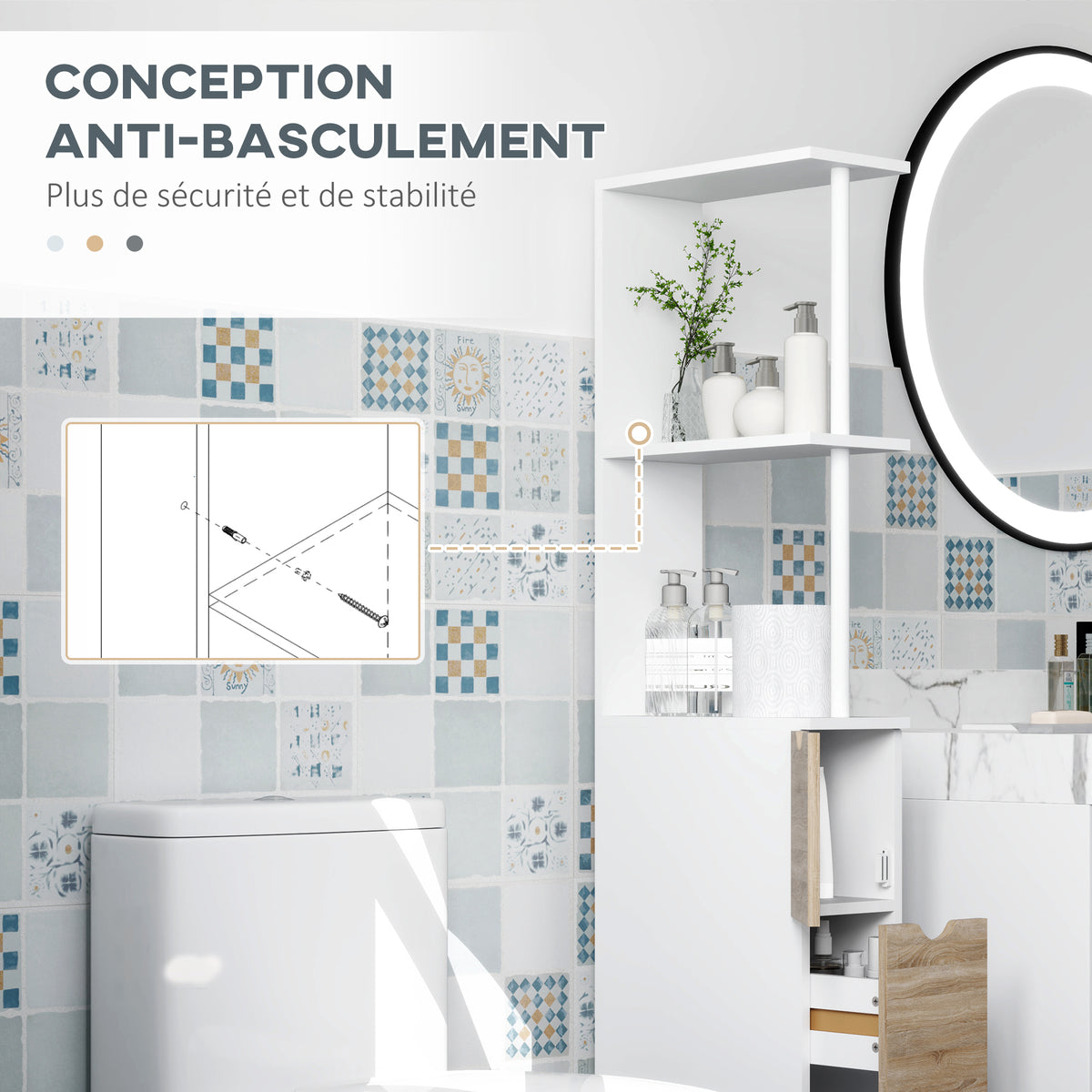 Meuble colonne salle de bain armoire de salle de bain avec tiroirs étagères ouvertes placard 15 x 33 x 136,8 cm blanc-5