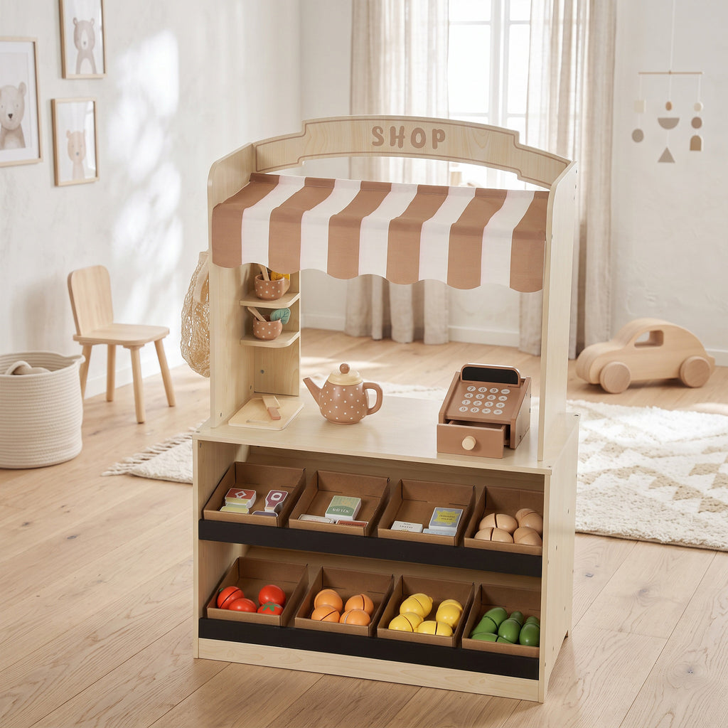 Marchande Enfants en Bois, Caisse Enregistreuse, Aliments Factices, Tableau à Craie et 61 Accessoires, pour 3 à 8 Ans-9