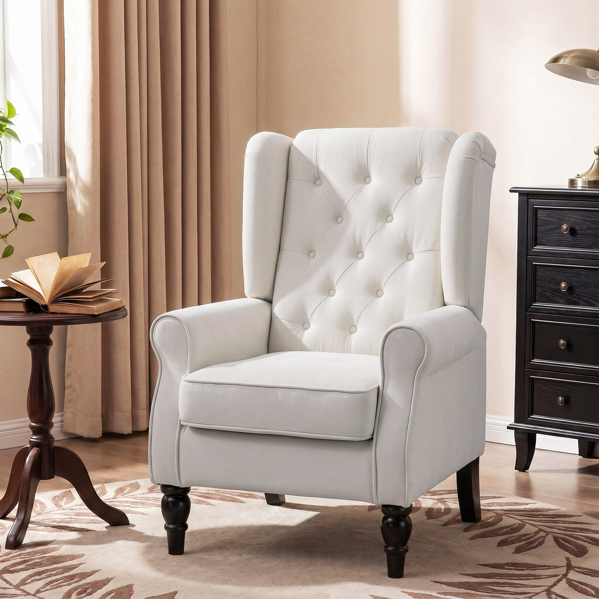 Fauteuil de Salon, Fauteuil d'Appoint Mi-Siècle Moderne en Flanelle Neige avec Haut Dossier Capitonné à Oreilles, Crème-1