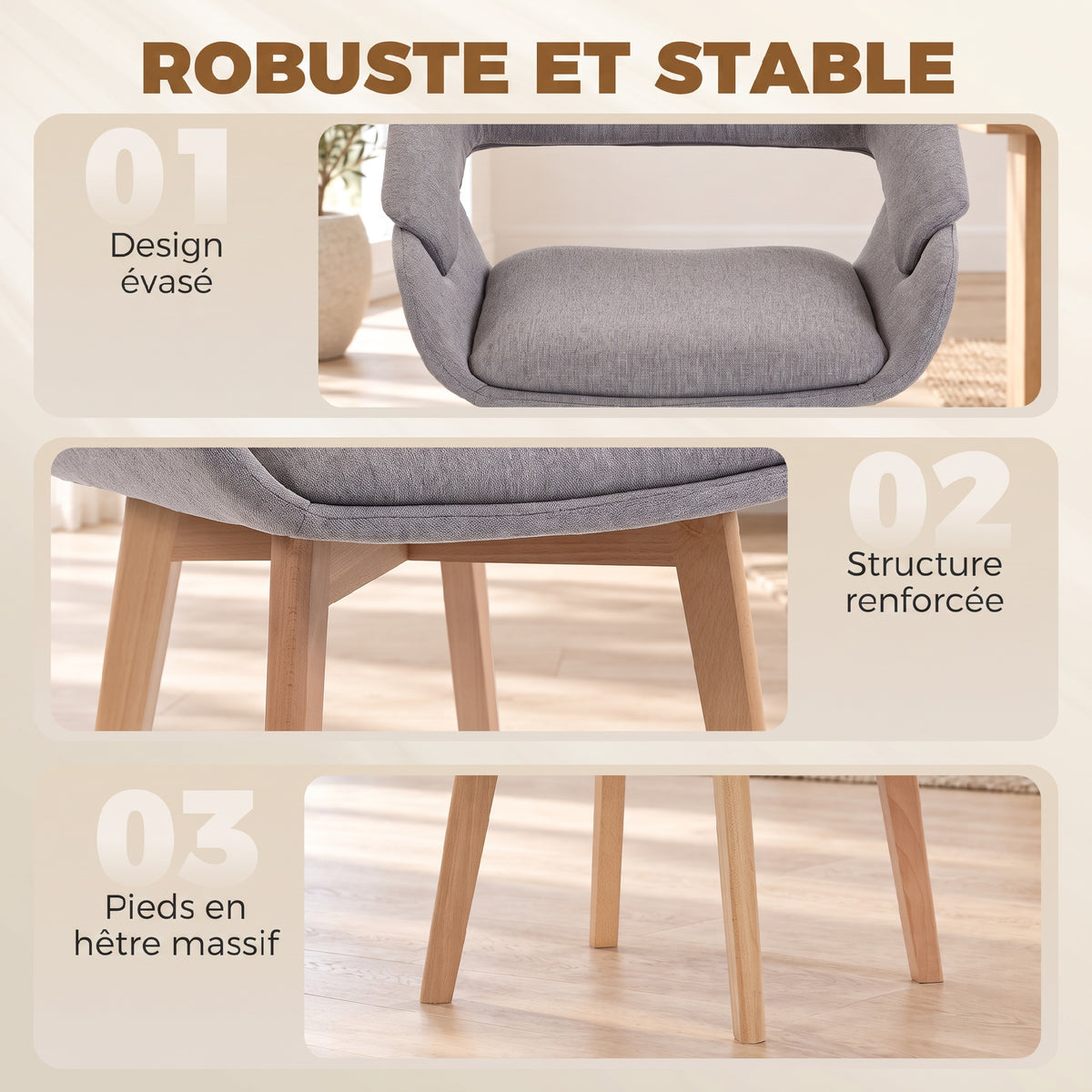 Lot de 2 Chaises Salle à Manger, Chaises de Cuisine en Tissu Effet Lin, Dossier Incurvé, Pieds en Bois de Hêtre, Gris-4