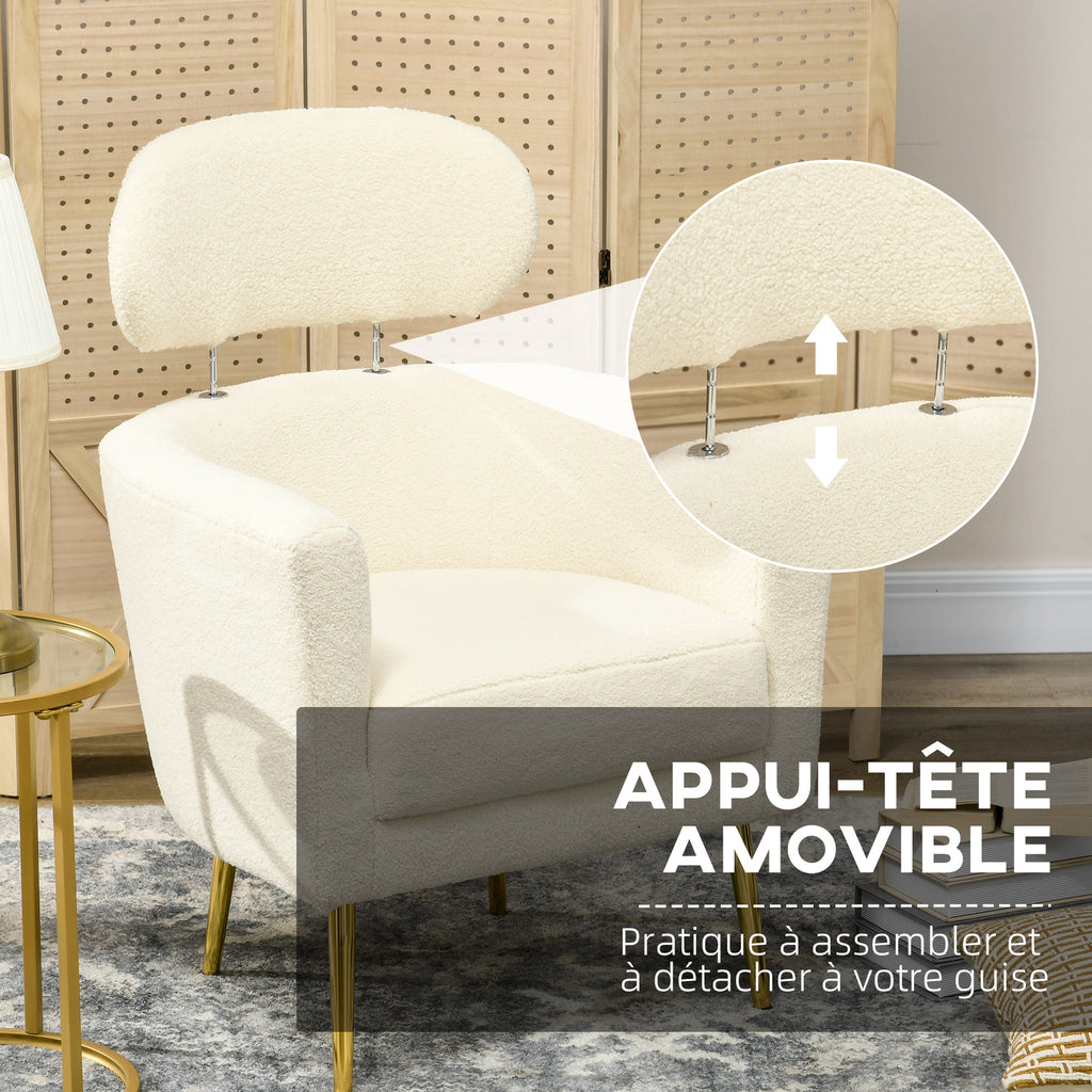 Fauteuil salon avec appuie-tête amovible, fauteuil crapaud en peluche teddy, pieds en métal, 71 x 65 x 90 cm, crème-3