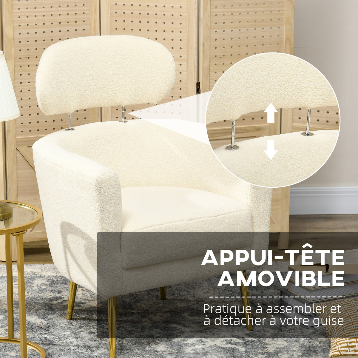 Fauteuil salon avec appuie-tête amovible, fauteuil crapaud en peluche teddy, pieds en métal, 71 x 65 x 90 cm, crème-3