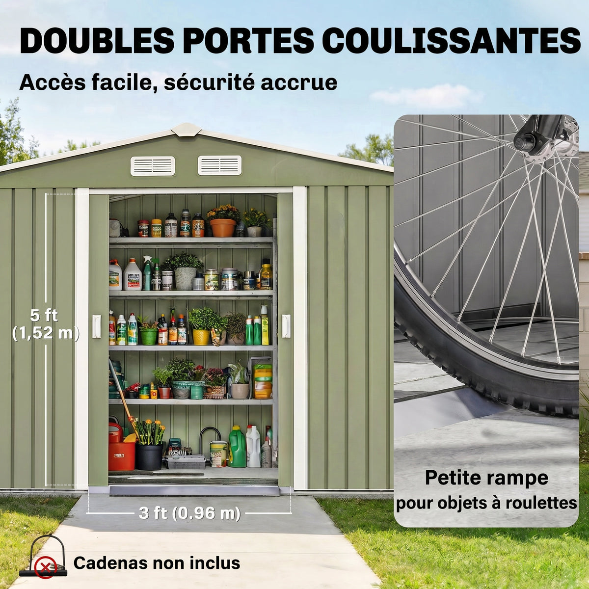 Abri de jardin 5,4 m² 2,77 x 1,95 x 1,92 m kit de fondation porte coulissante ventilations acier galvanisé, vert clair-4