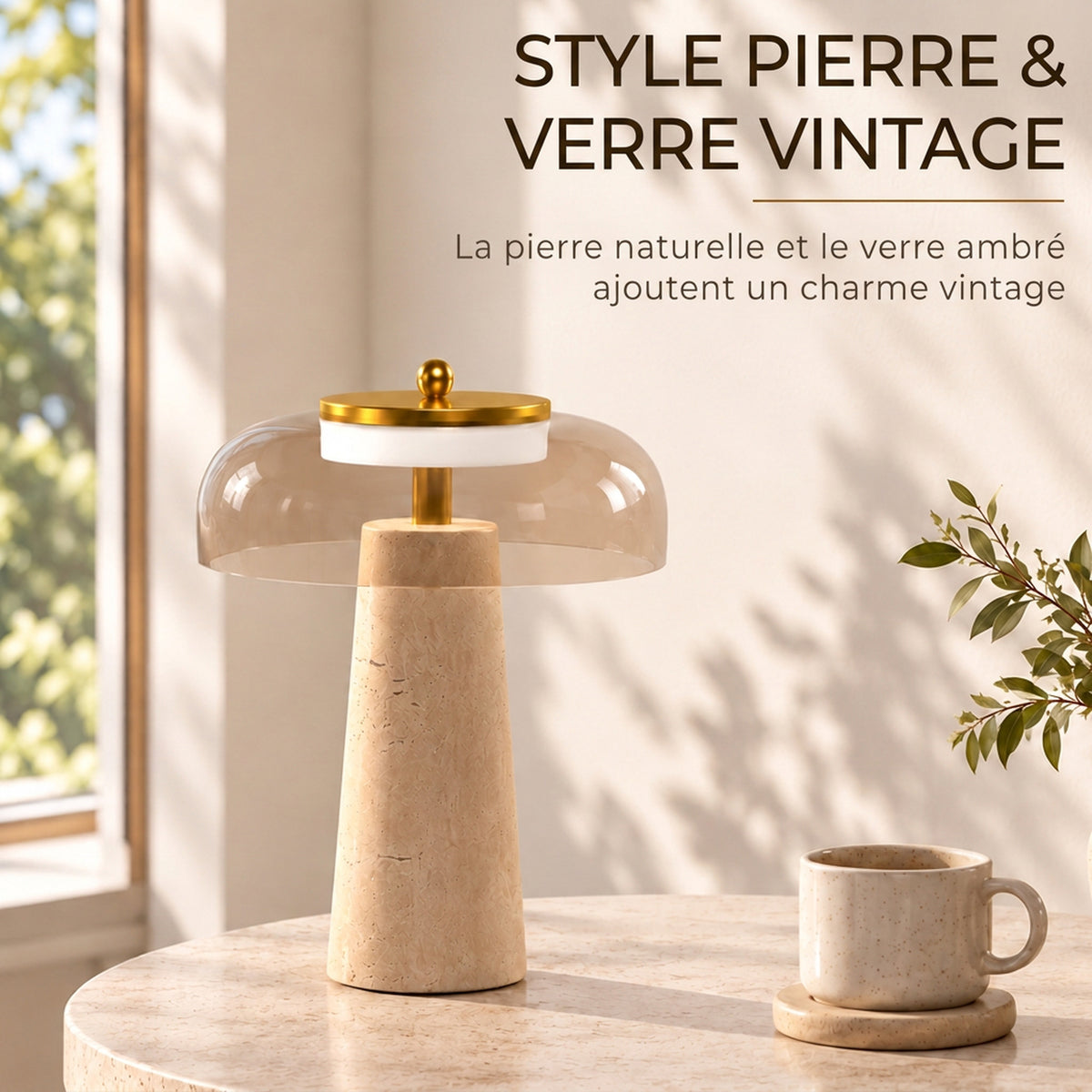 Lampe de Table Vintage avec Abat-Jour en Verre et Base en Travertin, Lampe de Chevet Rétro, Lumière Chaude 3000 K, Ambre-3