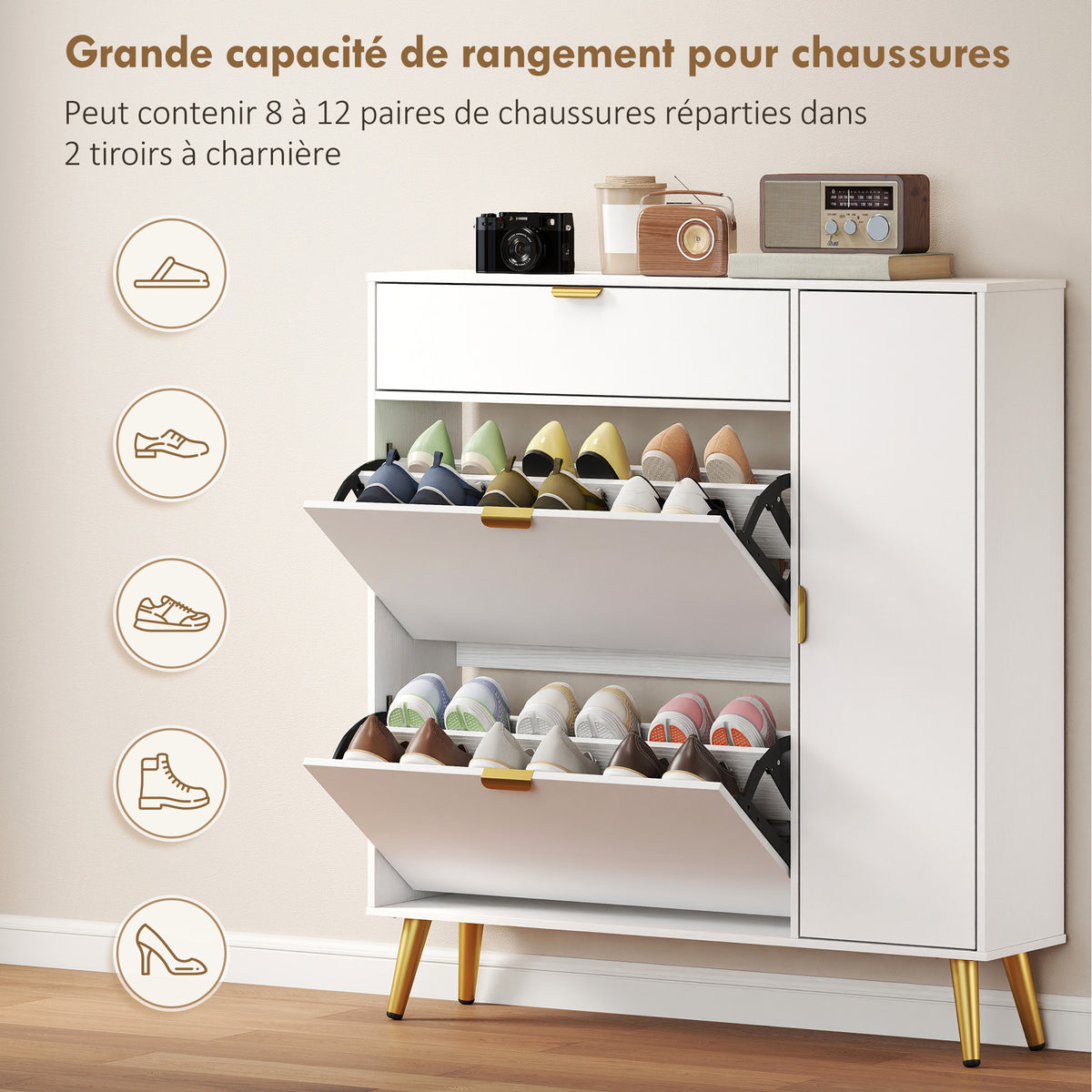 Meuble à chaussures 12 paires, armoire à chaussures, 2 tiroirs rabattables, 4 compartiments, 99,4x23,8x106,6cm, blanc-4
