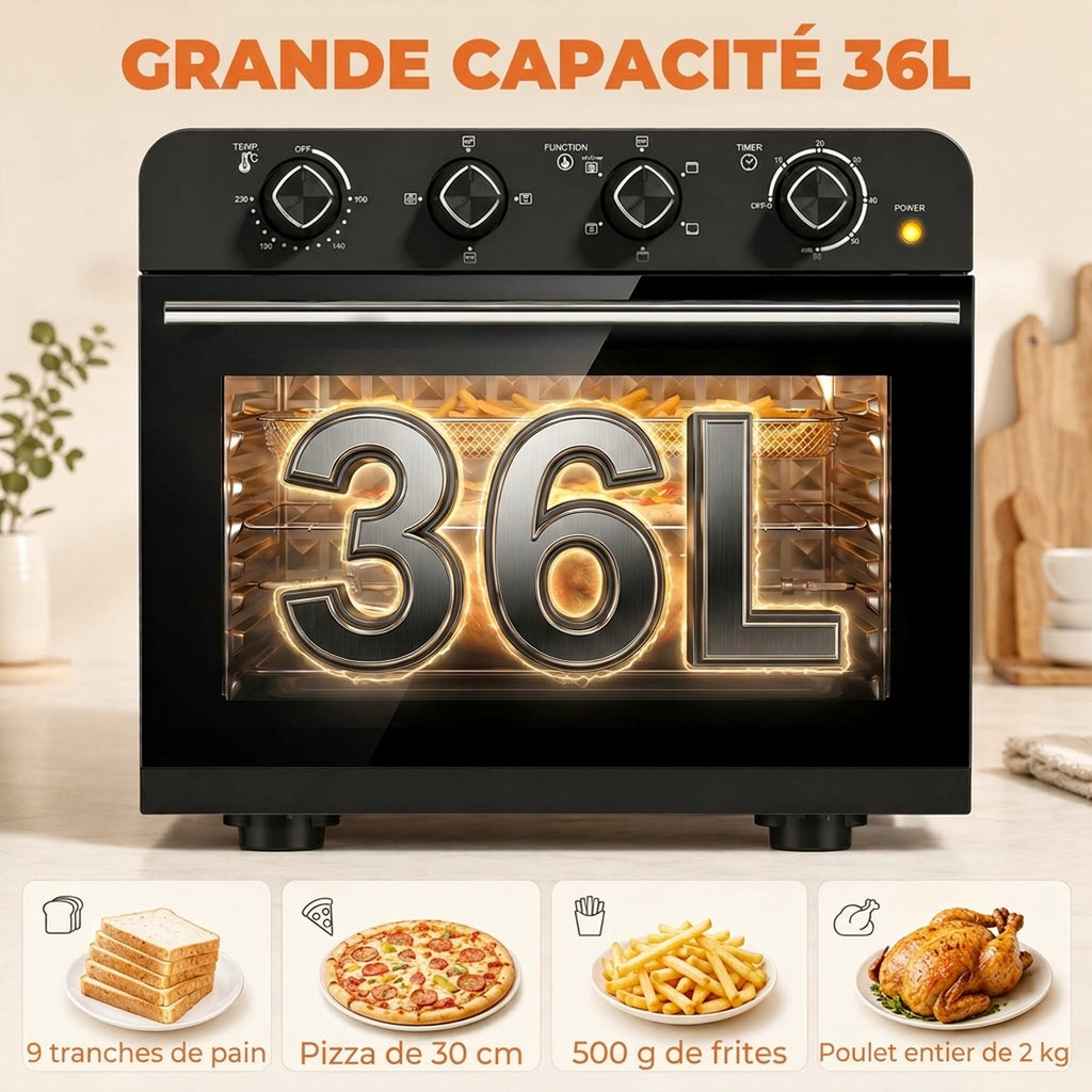 Friteuse à Air Chaud 36L, Four à Air Chaud 1800 W avec Rôtissoire, Plaque de Cuisson, Panier de Friture et Grille, Noir-3
