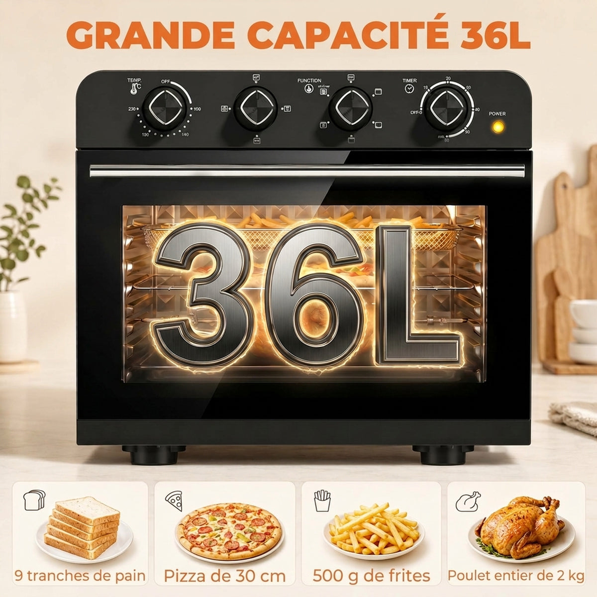 Friteuse à Air Chaud 36L, Four à Air Chaud 1800 W avec Rôtissoire, Plaque de Cuisson, Panier de Friture et Grille, Noir-3