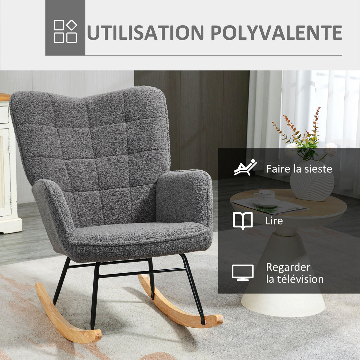 Fauteuil à bascule rocking chair revêtement effet laine bouclée, structure en acier 71 x 98 x 101 cm Gris foncé-5