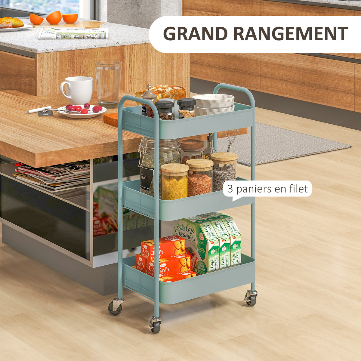 Desserte chariot de rangement en acier chariot de service à roulettes 3 plateaux ajourés 45 x 30,6 x 79 cm bleu clair-3