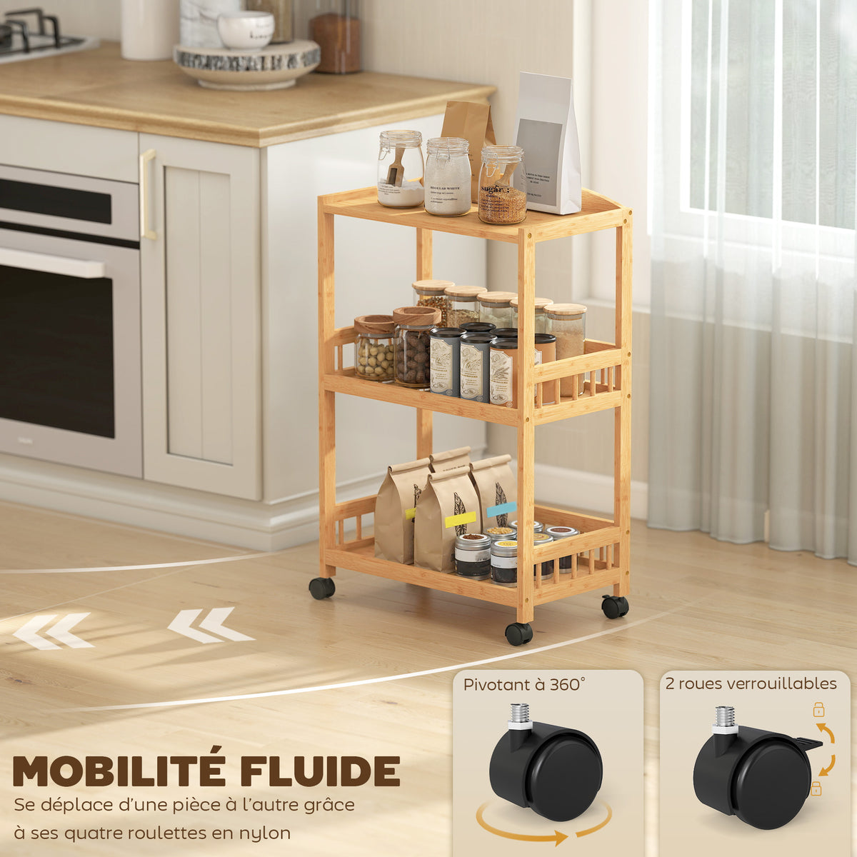 Chariot de cuisine à 3 niveaux, desserte à roulettes en bambou pour chambre, salon, bureau, 53x30,5x83cm, bois naturel-4