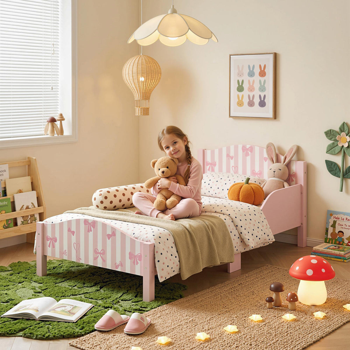 Lit Enfant 70 x 140 cm, Lit pour Enfant avec Barrière de Sécurité et Sommier à Lattes en Bois, Motif Nœud, Rose-1