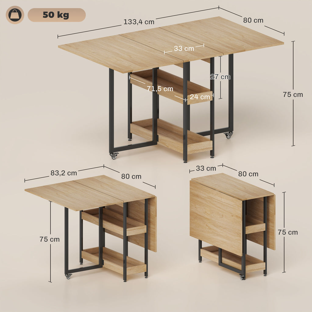 Table à manger pliante sur roulettes 4 personnes avec compartiments ouverts, pour petits espaces, salle à manger, chêne-2