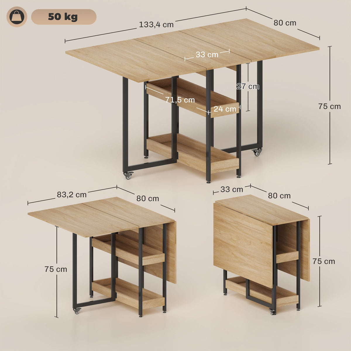 Table à manger pliante sur roulettes 4 personnes avec compartiments ouverts, pour petits espaces, salle à manger, chêne-2