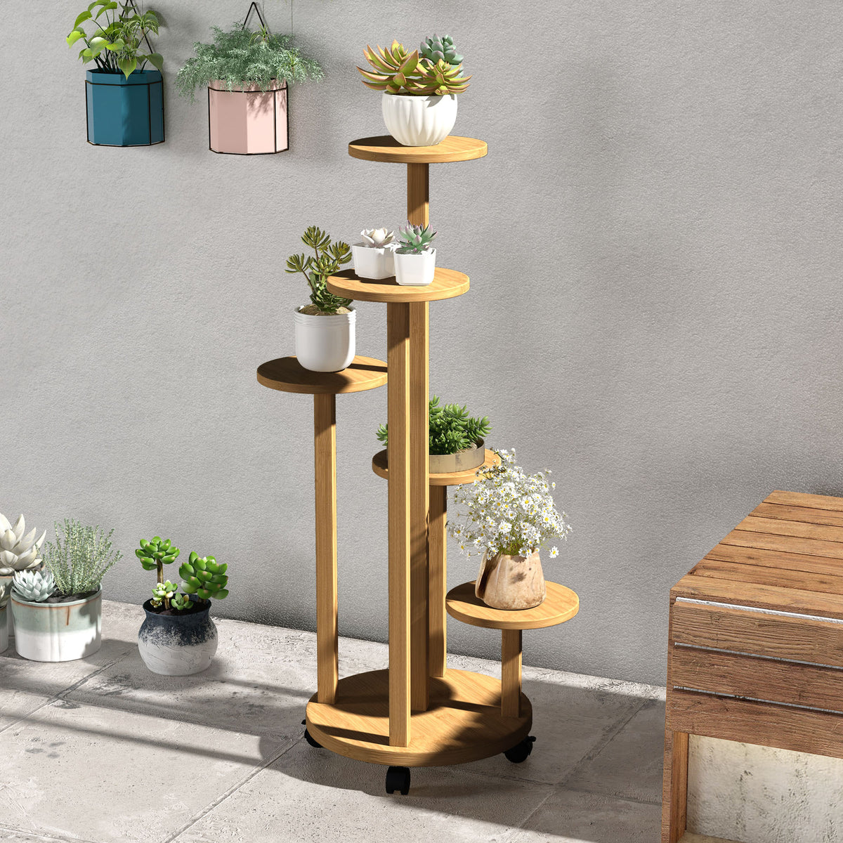Étagère à plantes en bambou étagères rondes à fleurs support de pots de fleurs 5 niveaux bois naturel-7