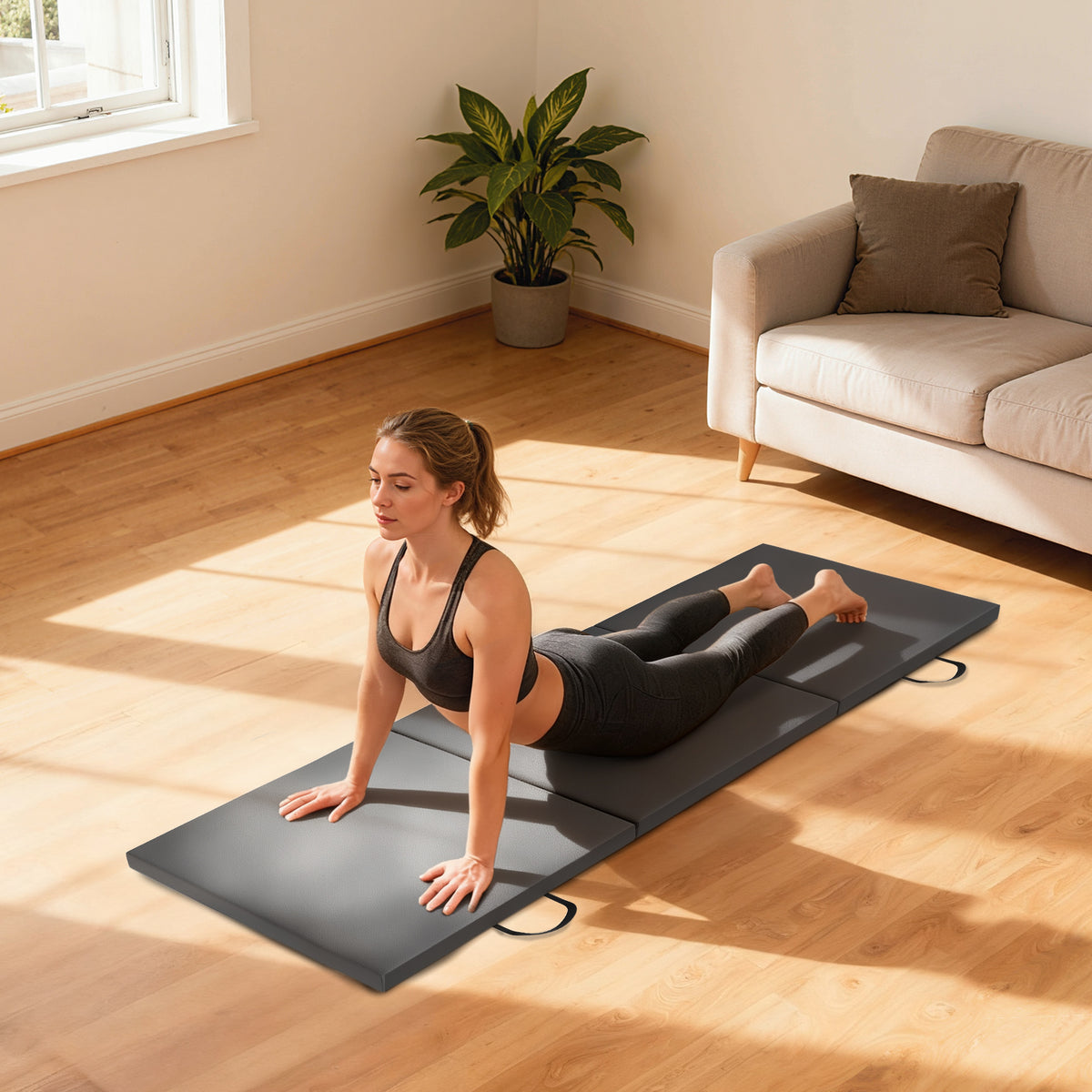 Tapis de gymnastique yoga pilates fitness pliable en 3 panneaux avec poignées revêtement synthétique 180 x 60 x 5cm gris-8
