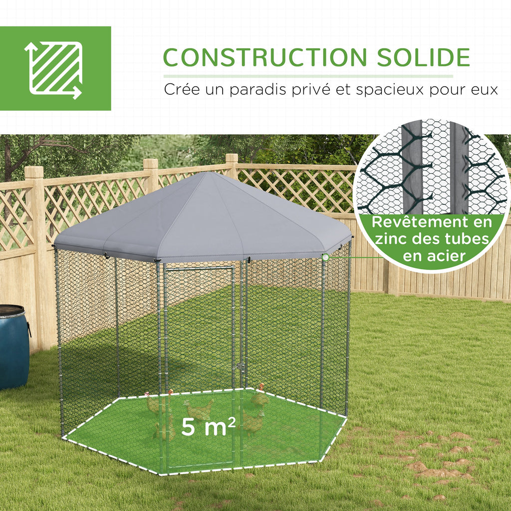 Enclos poulailler extérieur 5 m² parc grillagé dim. 2,8L x 2,45l x 2,46H - espace couvert - 5/8 poules-5