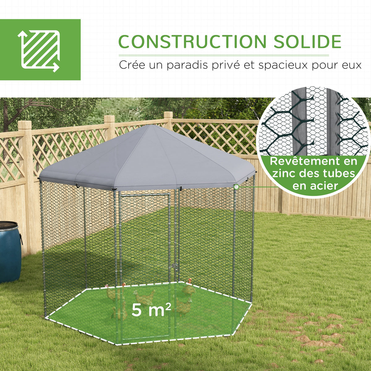 Enclos poulailler extérieur 5 m² parc grillagé dim. 2,8L x 2,45l x 2,46H - espace couvert - 5/8 poules-5