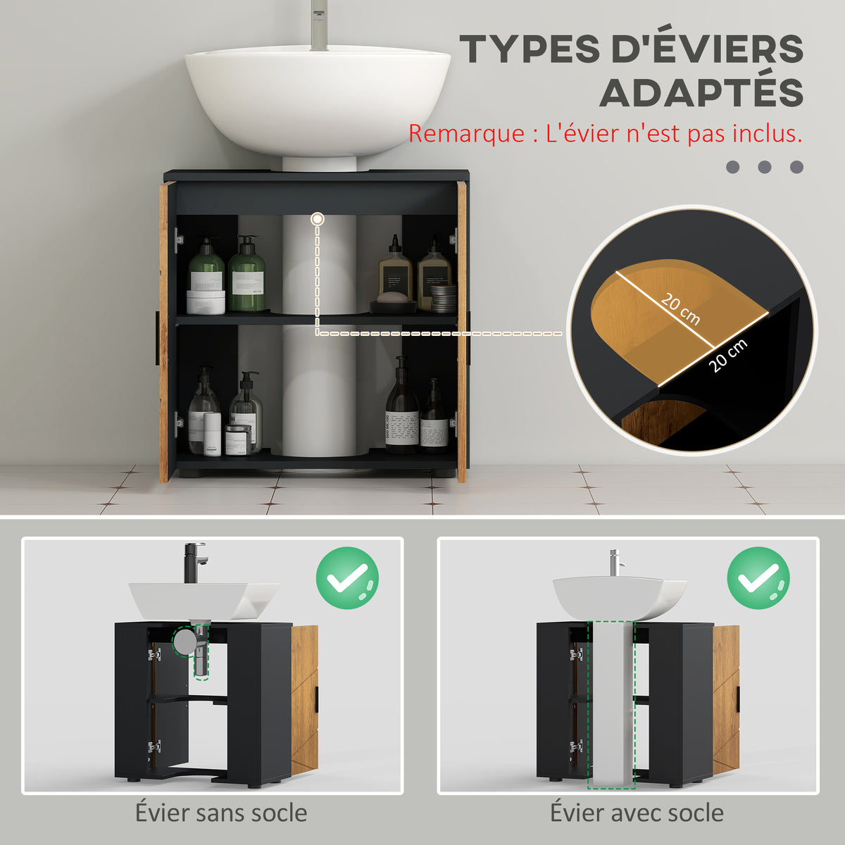 Meuble sous vasque lavabo meuble de salle de bain 2 portes avec étagère 60 x 30 x 60 cm gris anthracite et aspect bois-3