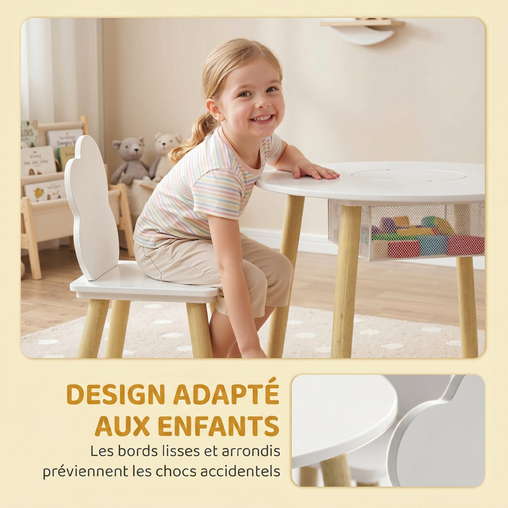 Table enfant avec chaise, ensemble table et 2 chaises en bois avec sac de rangement pour dessiner, jouer, étudier, blanc-5