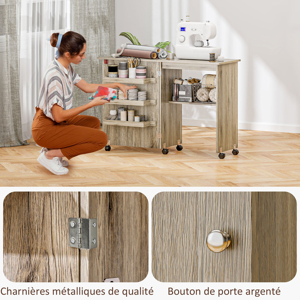 Table de couture pliante meuble couture à abattant avec bacs de rangement, étagère ouverte et roulettes effet bois grisé-7