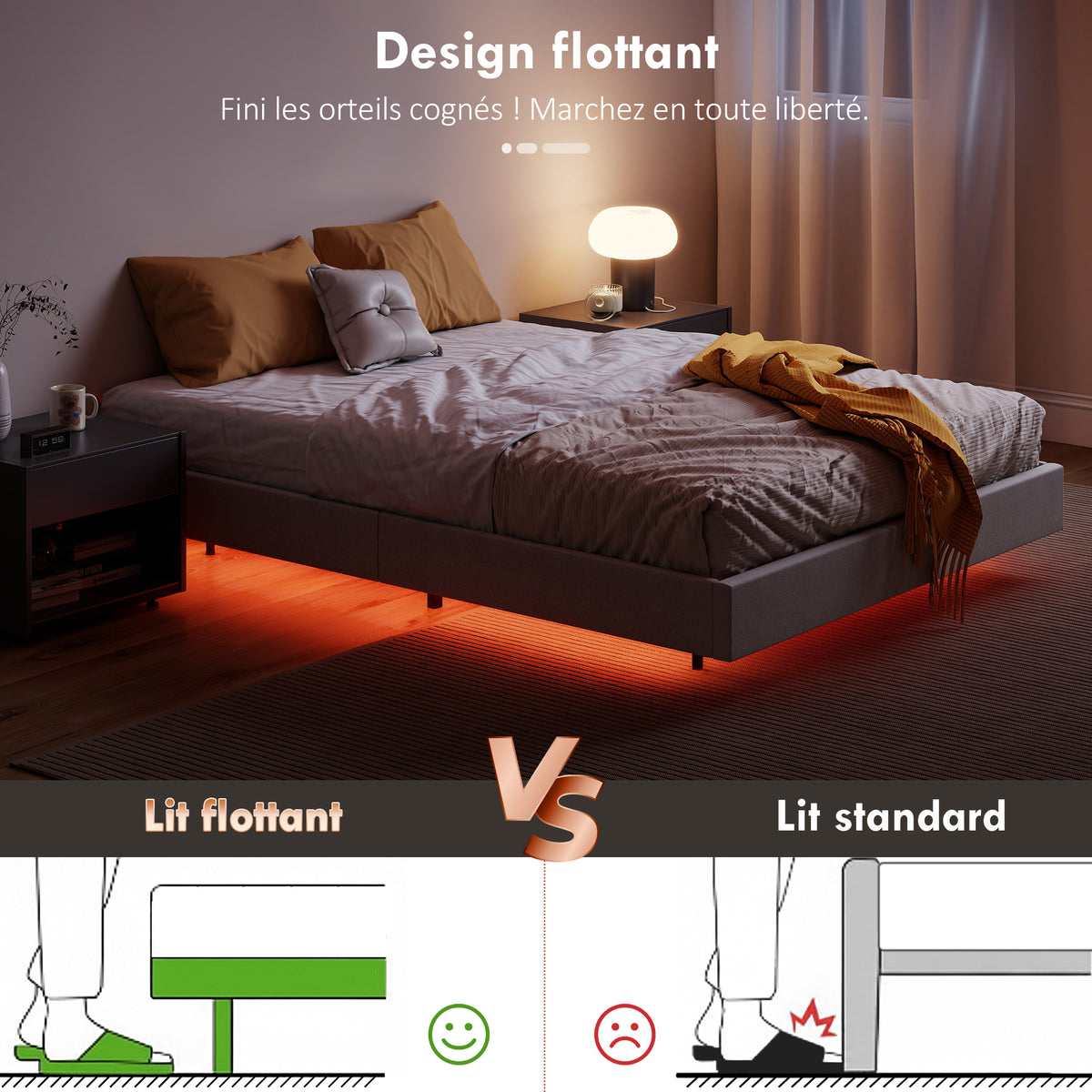 Cadre de lit flottant 140 x 190 cm avec éclairage LED, lit double rembourré en lin, sommier à lattes en bois, beige-3