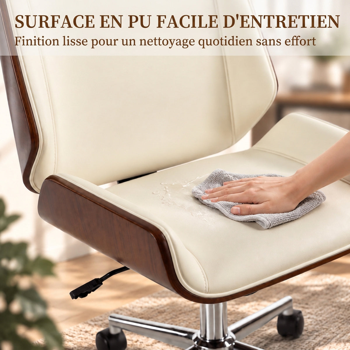 Chaise de Bureau Design Vintage, Hauteur Réglable, Pivotant 360°, Piètement Chromé, 53 x 60 x 86-96 cm, Crème-3