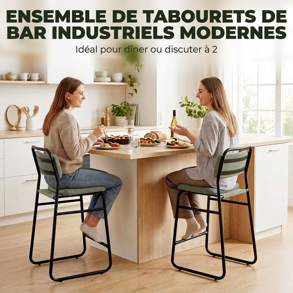 Lot de 2 Tabourets de Bar, Chaises de Bar en Velours, Assise Rembourrée 67H cm, Dossier et Repose-Pieds, Vert-3